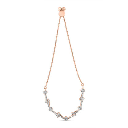 Rose-colored bracelet with heart-shaped and curved segments set with round white gemstones in pave setting, shown from the front on a white background.