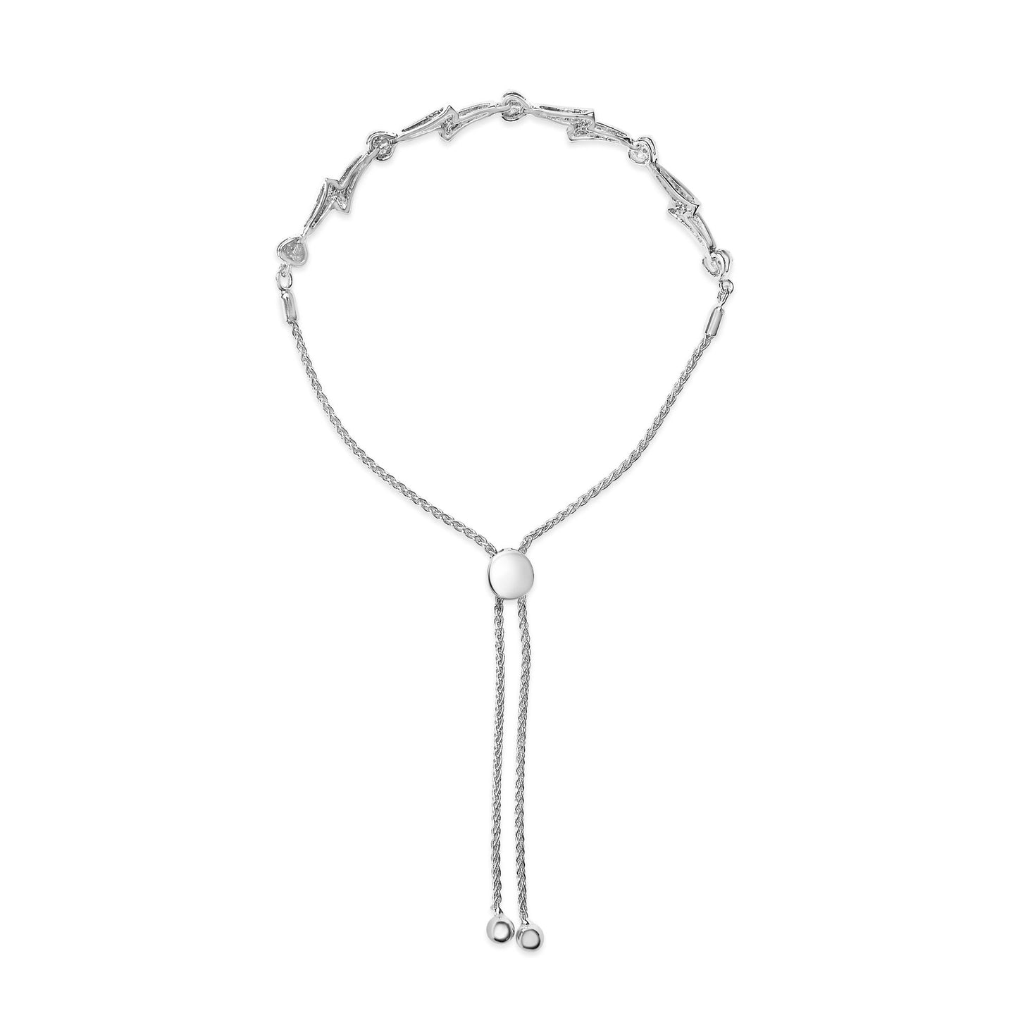 White metal bracelet with adjustable chain and sliding clasp, featuring a row of linked lightning bolt shapes with round white gemstones in pave setting, photographed from above on a white background.