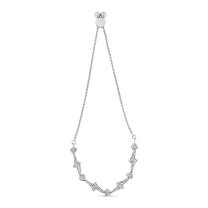 White metal bracelet with curved and angular segments adorned with white round pave-set gemstones, shown hanging from a top-down angle against a white background.