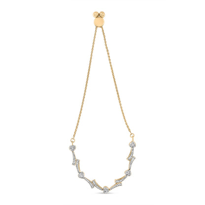 Yellow metal bracelet with curved segments and heart shapes set with small round white gemstones in a pave setting, shown from a front angle on a white background.