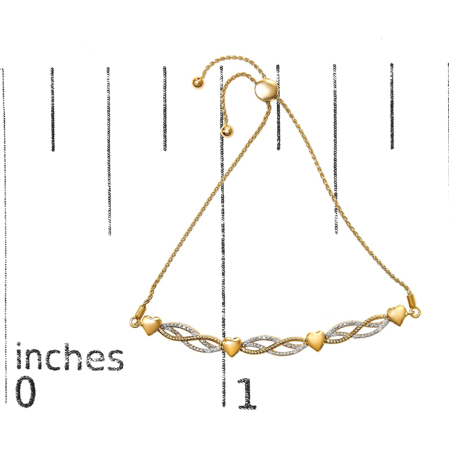 Yellow bracelet with alternating heart shapes and twisted design with white gemstones, shown flat on a ruler for size reference, front angle.