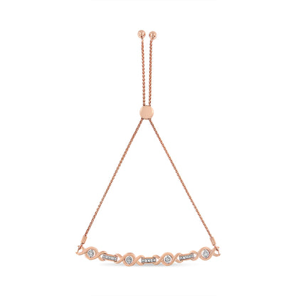 Rose metal bracelet with alternating round white gemstones in two different settings, shown from a front angle.