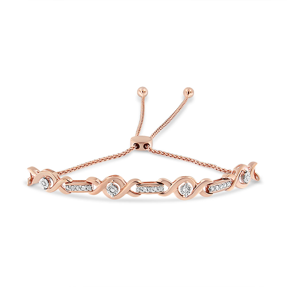 Rose metal bracelet with alternating curved links, each holding white round gemstones in two different settings, shown from a slight side angle.