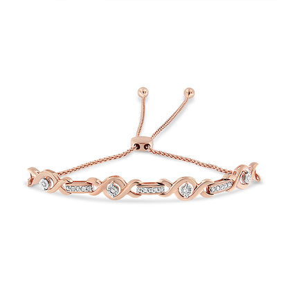 Rose metal bracelet with alternating curved links, each holding white round gemstones in two different settings, shown from a slight side angle.