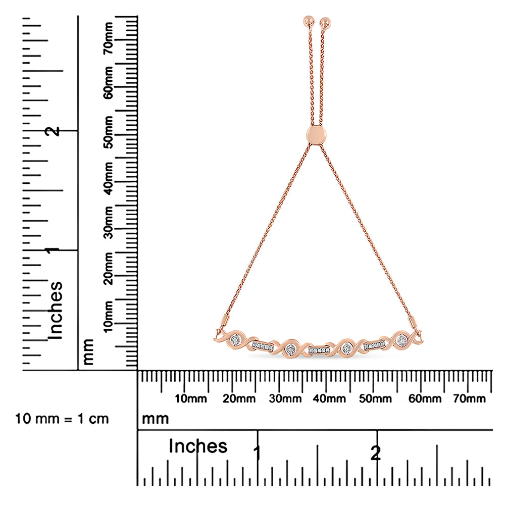 Rose metal bracelet with a mix of round white gemstones in miracle and prong settings, displayed flat on a ruler for size reference.