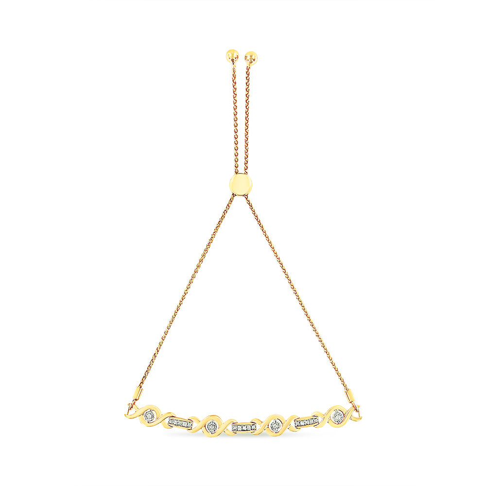 Front-facing shot of a yellow metal bracelet featuring alternating round white gemstones in miracle and prong settings along the band, with an adjustable chain and sliding clasp visible at the top.