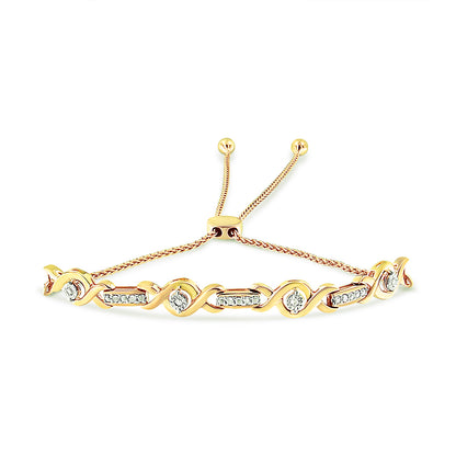 Yellow bracelet with alternating curved links set with white round gemstones in miracle and prong settings, shown at a slight angle.
