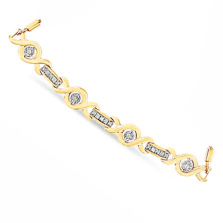Yellow metal bracelet with an alternating pattern of round white gemstones in miracle and prong settings, shown flat from a top-down angle.