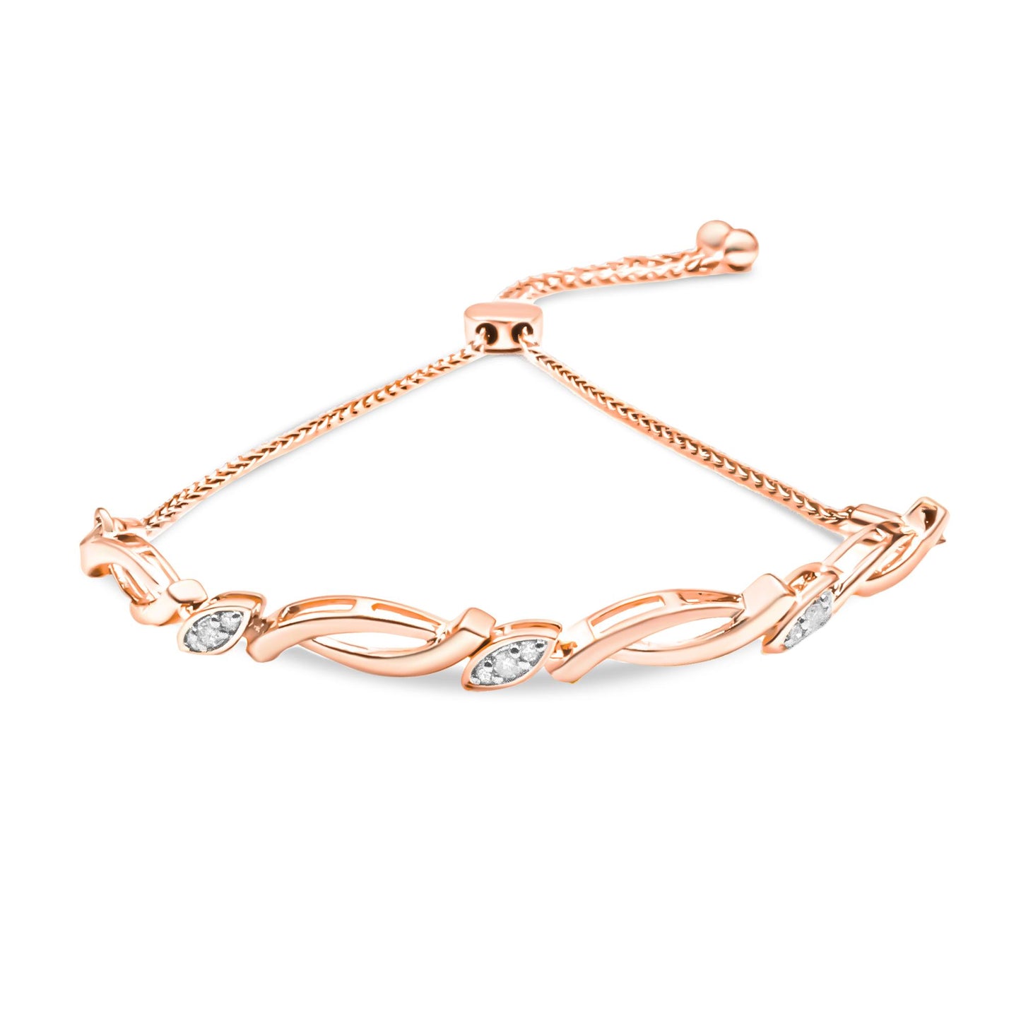 Rose metal bracelet with twisted link design and white round pave-set gemstones, shown from a side angle.