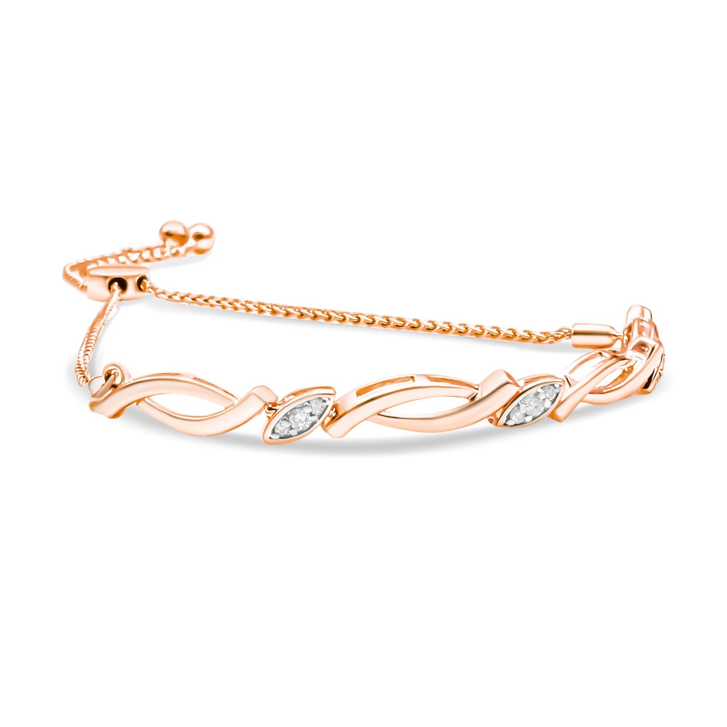 Rose metal bracelet with alternating twisted links and marquise-shaped sections set with white round gemstones in pave setting, angled side view.