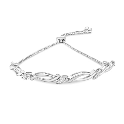 White metal bracelet with alternating twisted links and marquise-shaped settings accented with white gemstones, shown from a front angle.