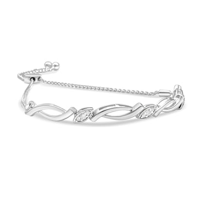 White metal bracelet with alternating twisted links and marquise-shaped settings with small white gemstones, side angle view.