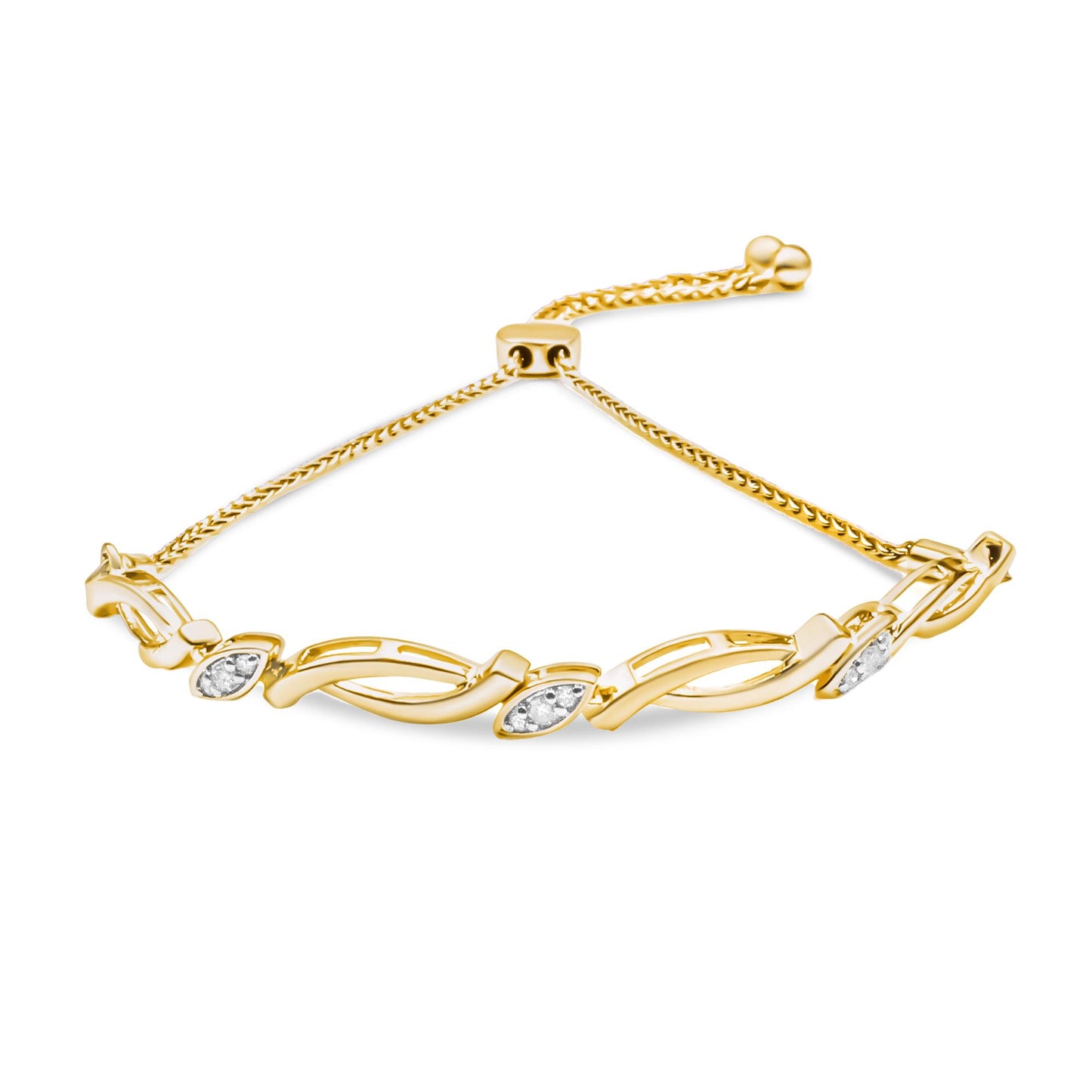 Yellow bracelet with alternating twisted links and marquise-shaped settings featuring white gemstones, shown at a slight angle.