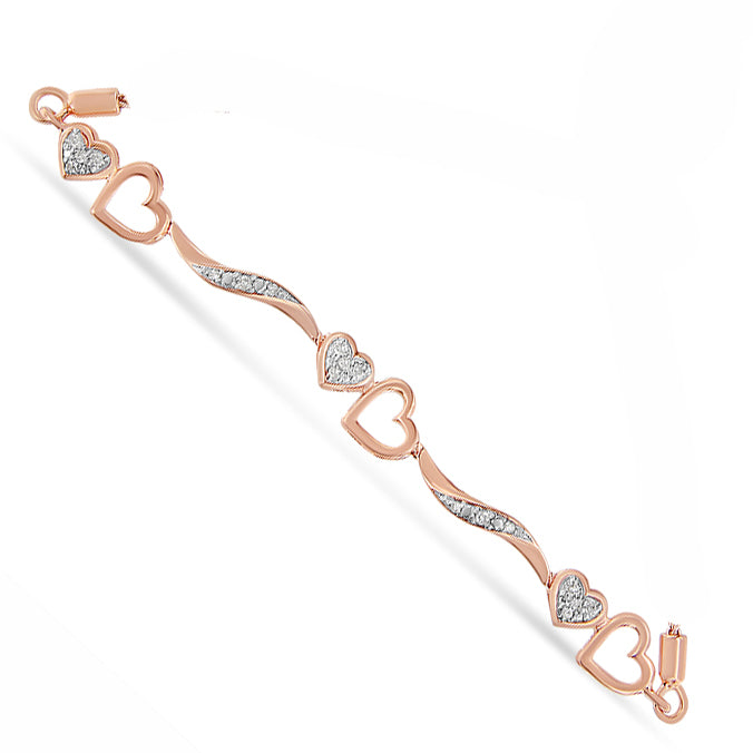 Rose metal bracelet with alternating heart shapes and curved sections set with white round pave gemstones, shown at a slight angle on a white background.