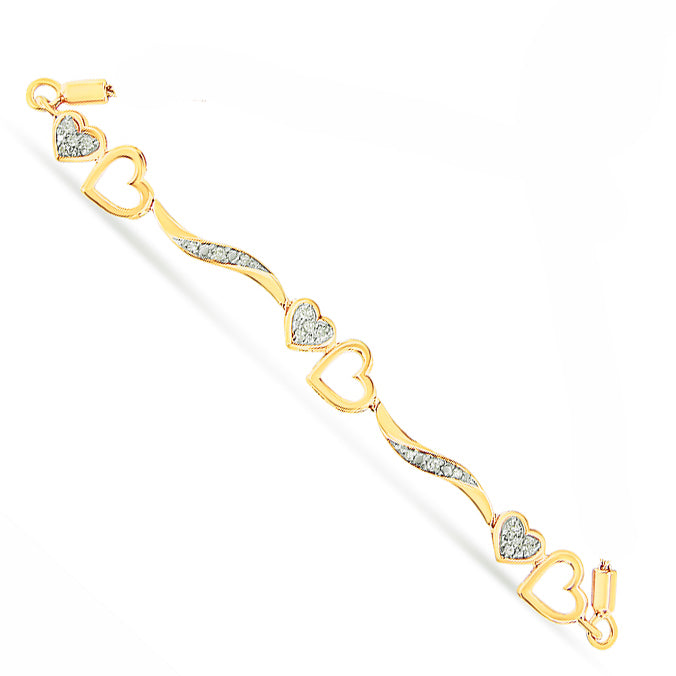 Yellow bracelet with alternating solid and open heart shapes accented with pave-set white round gemstones, shown flat from a top angle.