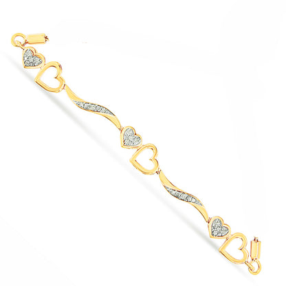 Yellow bracelet with alternating solid and open heart shapes accented with pave-set white round gemstones, shown flat from a top angle.