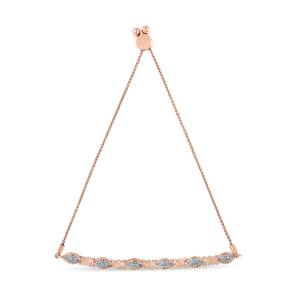 Rose-colored bracelet with a series of alternating marquise and butterfly-shaped segments adorned with small white gemstones in pave setting, shown hanging from a circular clasp, front-facing angle on a white background.
