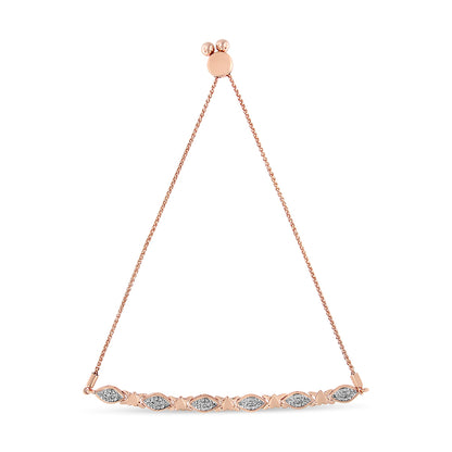 Rose-colored bracelet with a series of alternating marquise and butterfly-shaped segments adorned with small white gemstones in pave setting, shown hanging from a circular clasp, front-facing angle on a white background.
