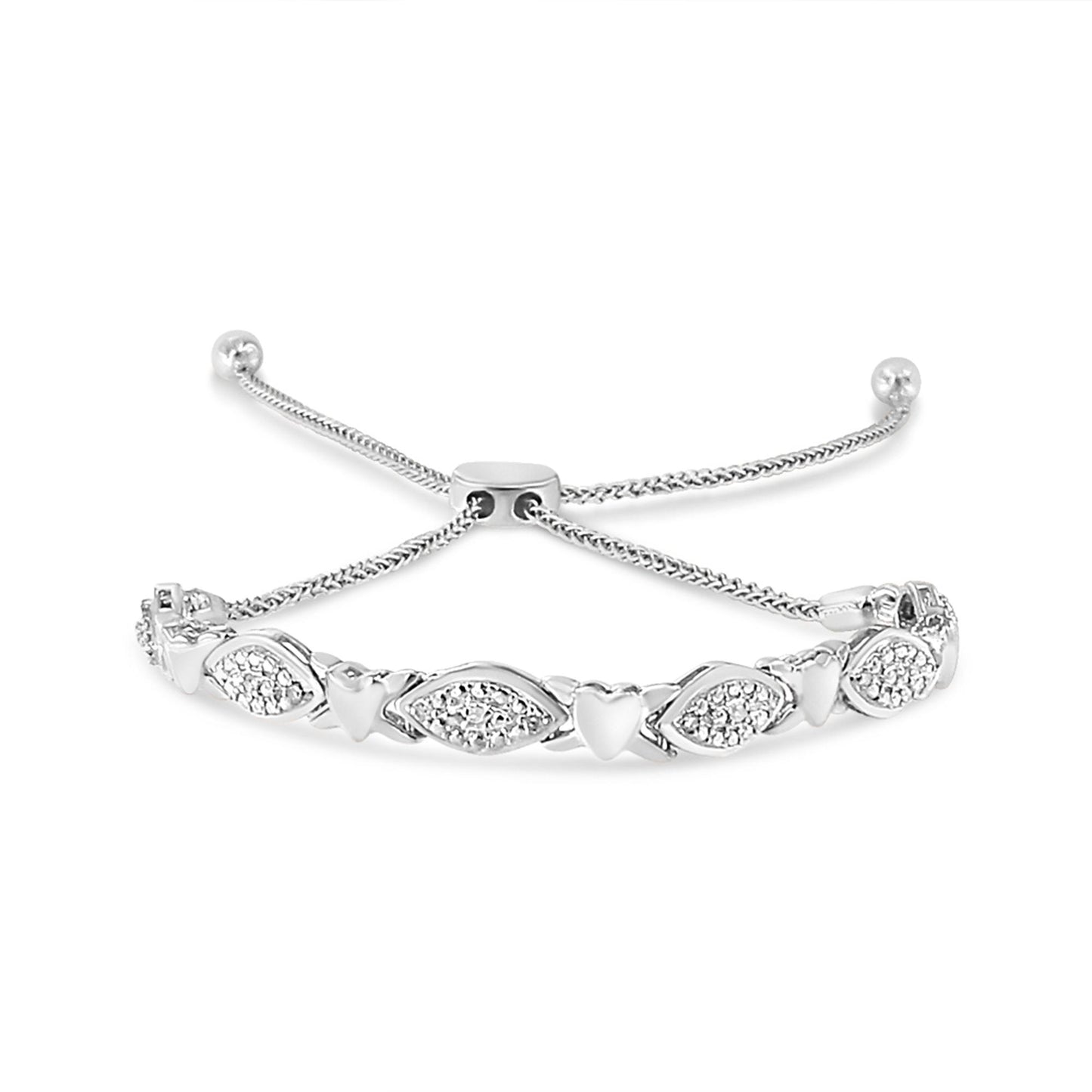White metal bracelet with alternating heart shapes and teardrop shapes set with round white gemstones in a pave setting, shown from a front angle.