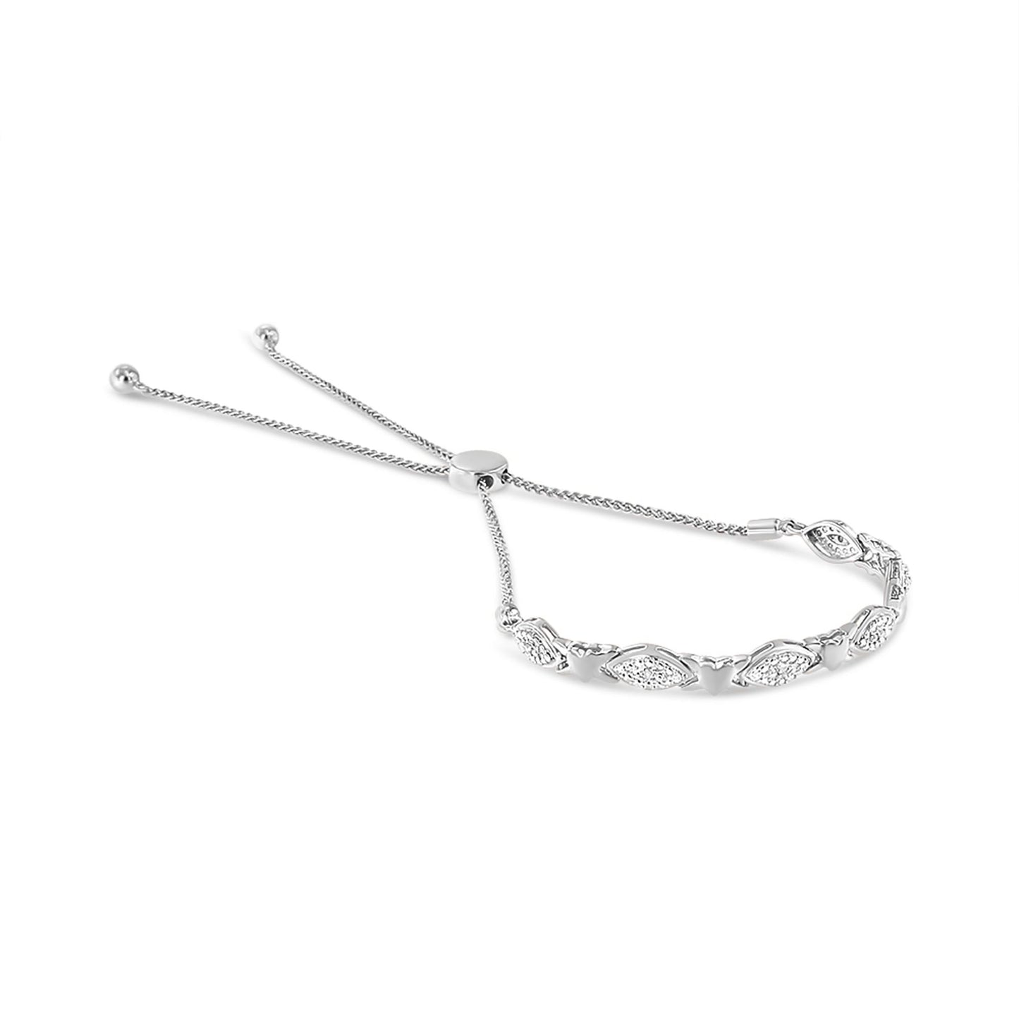 White metal bracelet with alternating marquise and heart-shaped links featuring round white gemstones in pave setting, shown at an angle on a white background.