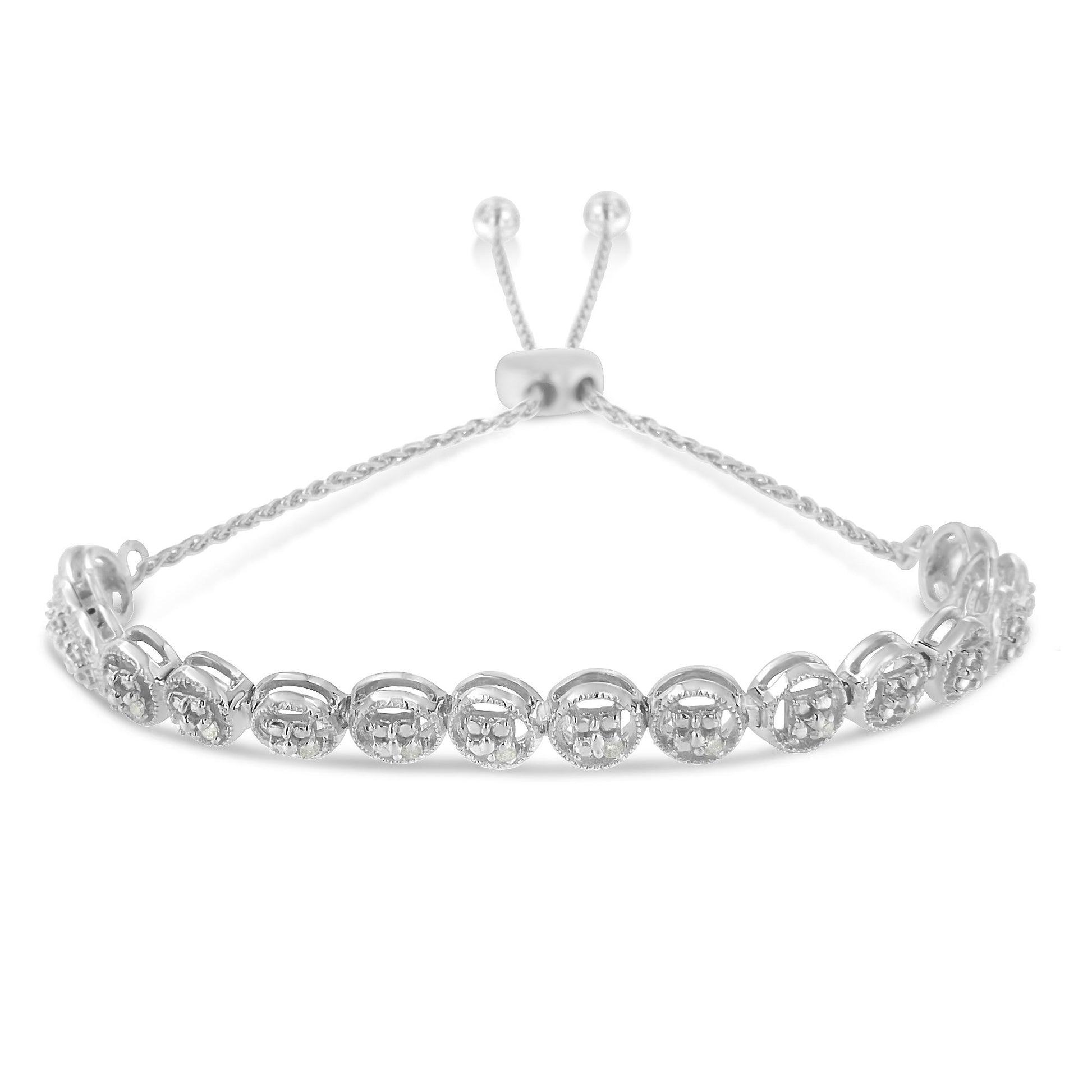 White metal bracelet with round white gemstones in prong settings, shown in a front angle with adjustable chain and slider.