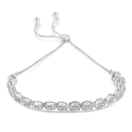 White metal bracelet with round prong-set white gemstones in a linked design, displayed from a front angled view.