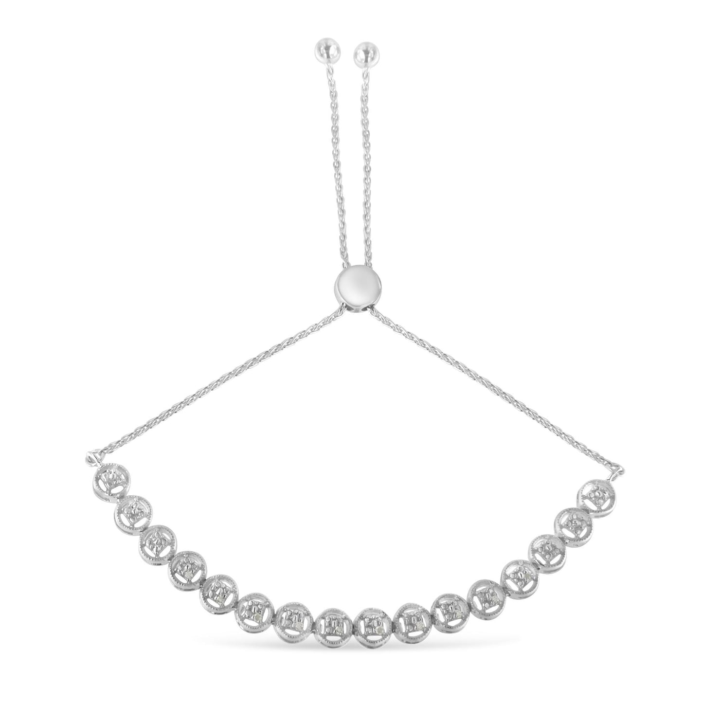 White metal bracelet with round white gemstones in prong settings, shown from a top front angle.