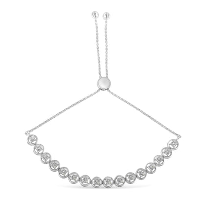 White metal bracelet with round white gemstones in prong settings, shown from a top front angle.