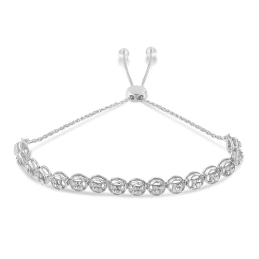 White metal bracelet with round white gemstones in prong settings, shown from a front angle with adjustable sliding clasp.