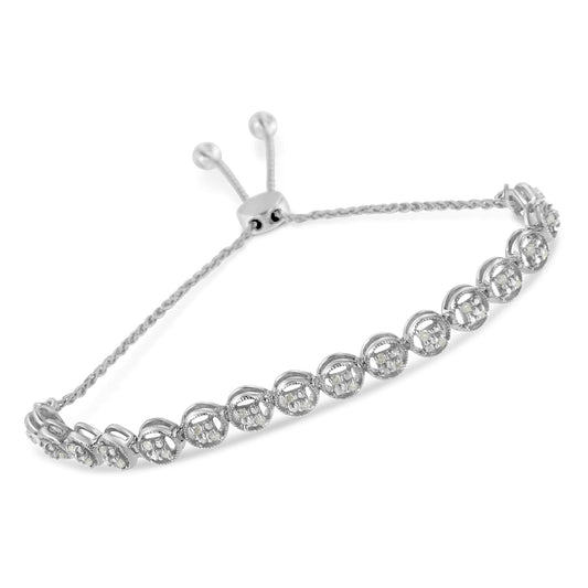 Bracelet with round white gemstones set in circular settings along a twisted chain, shown at an angle.