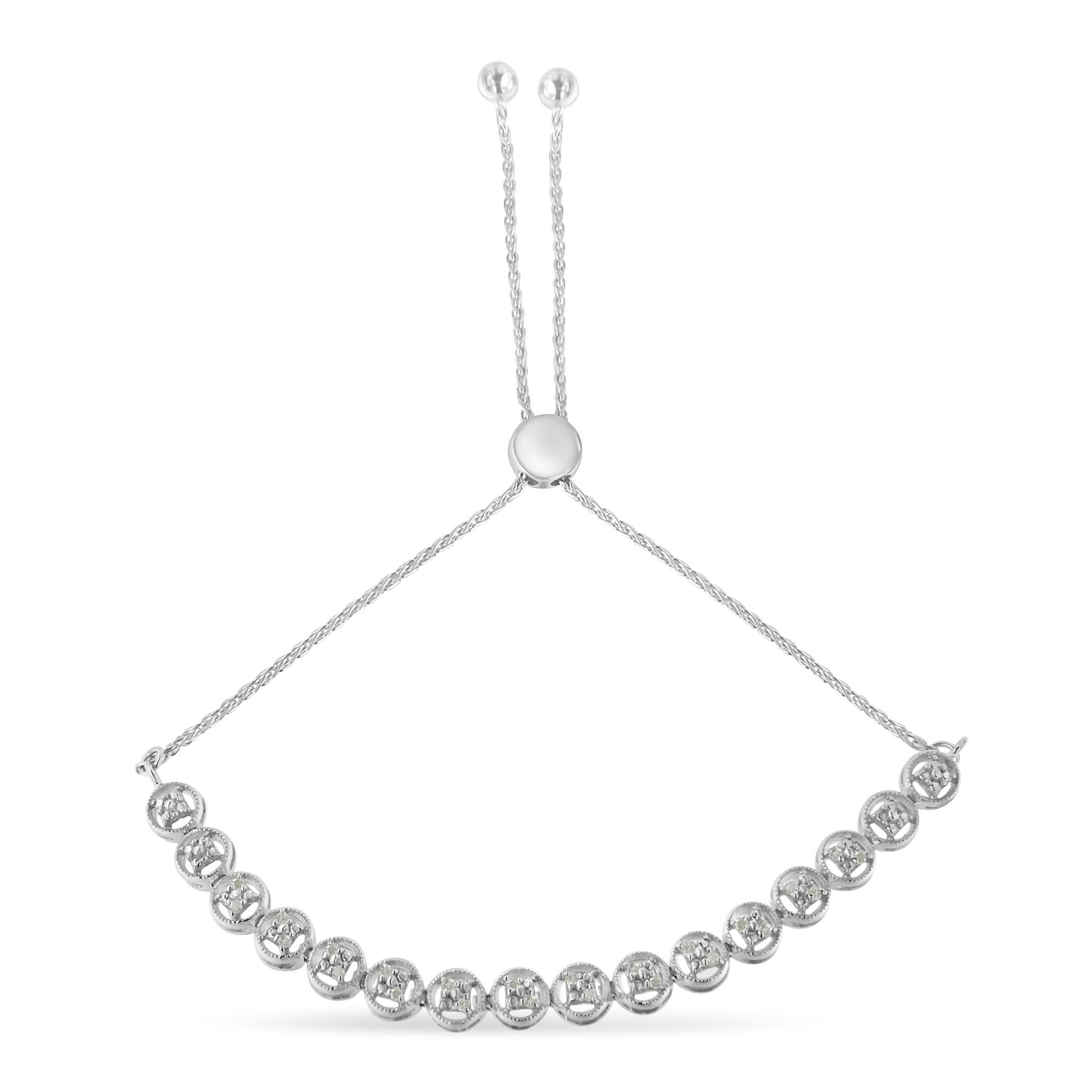 White bracelet with round white gemstones in prong settings, shown from a front angle with adjustable chain ends visible.