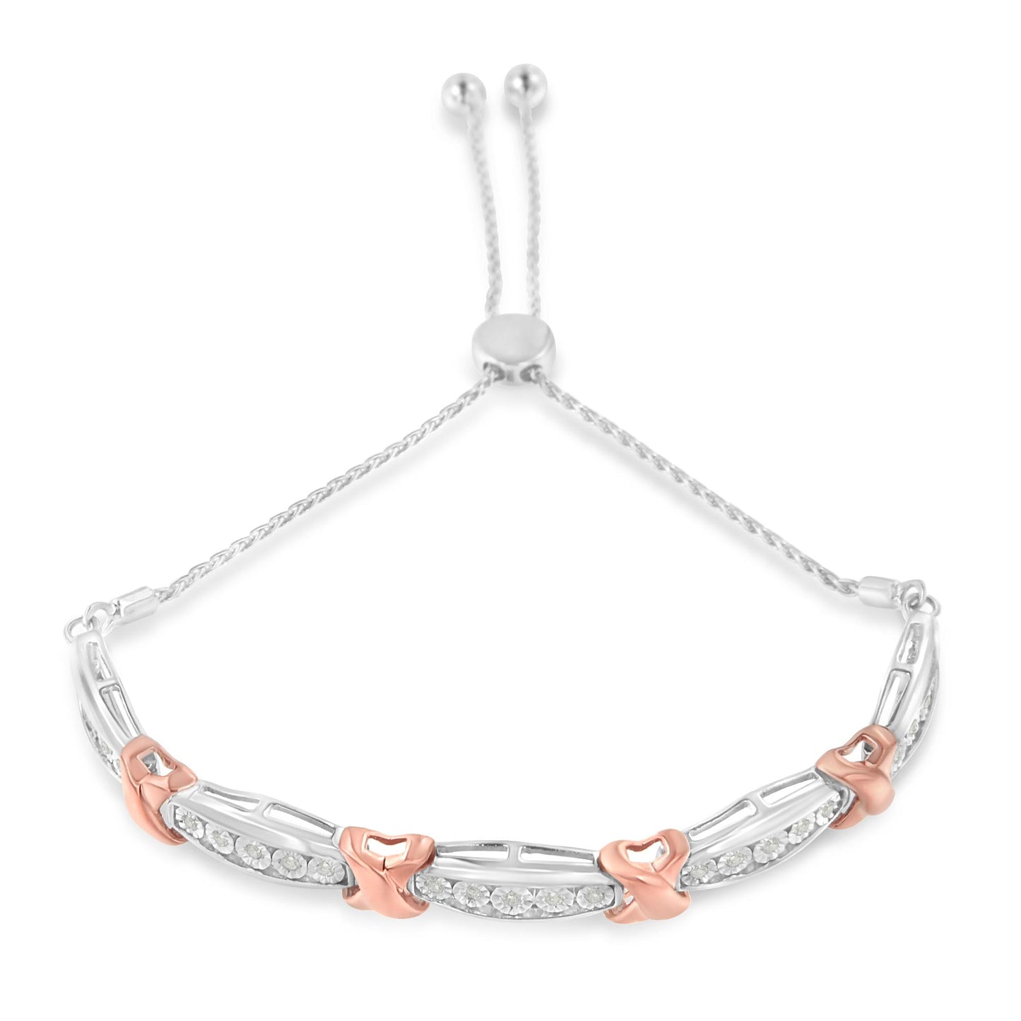 Bracelet with white and rose metal links featuring white round gemstones in a miracle setting, shown at a slight top-down angle.