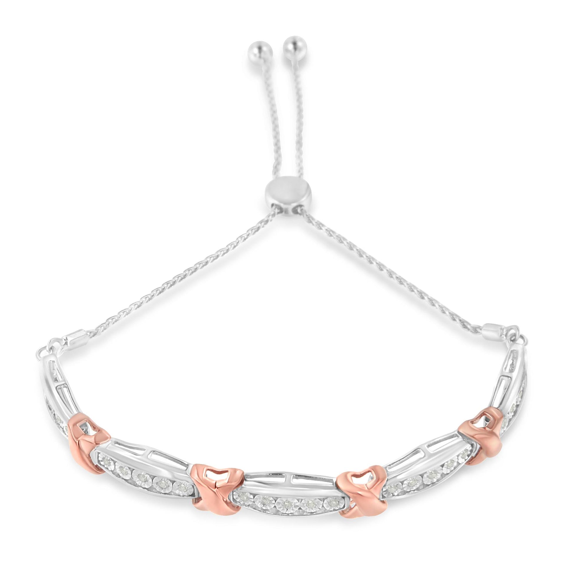 Bracelet with white and rose metal links featuring white round gemstones in a miracle setting, shown at a slight top-down angle.