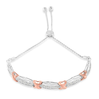 Bracelet with white and rose metal links featuring white round gemstones in a miracle setting, shown at a slight top-down angle.