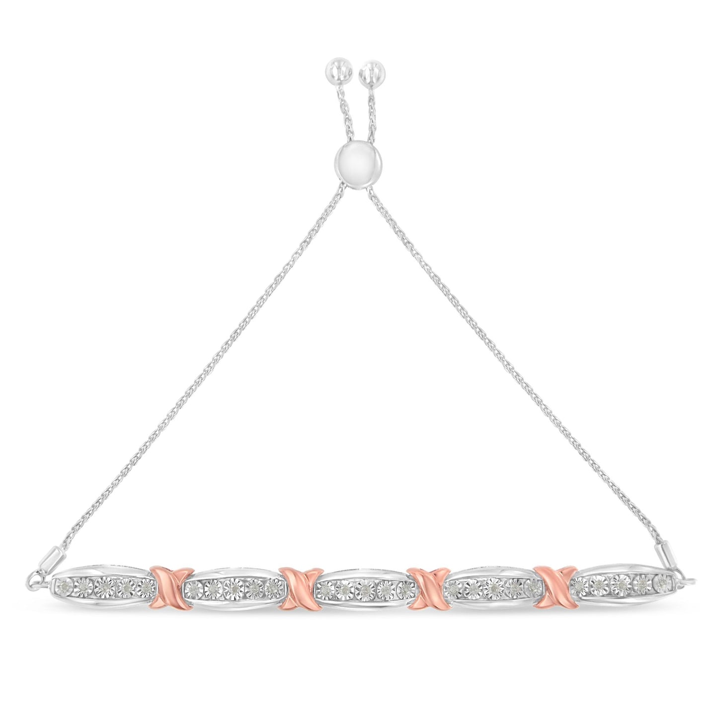 Front-facing shot of a white and rose metal bracelet with sections featuring round white gemstones in a miracle setting, connected by rose metal X-shaped links and an adjustable sliding clasp.