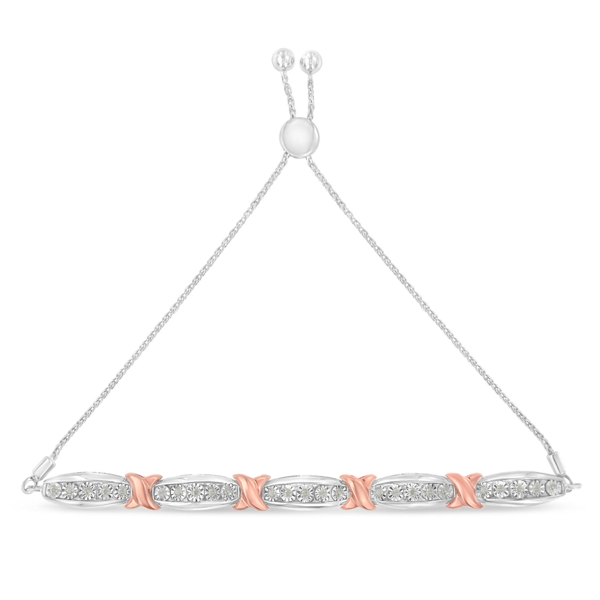 Front-facing shot of a white and rose metal bracelet with sections featuring round white gemstones in a miracle setting, connected by rose metal X-shaped links and an adjustable sliding clasp.