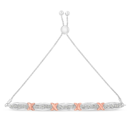 Front-facing shot of a white and rose metal bracelet with sections featuring round white gemstones in a miracle setting, connected by rose metal X-shaped links and an adjustable sliding clasp.