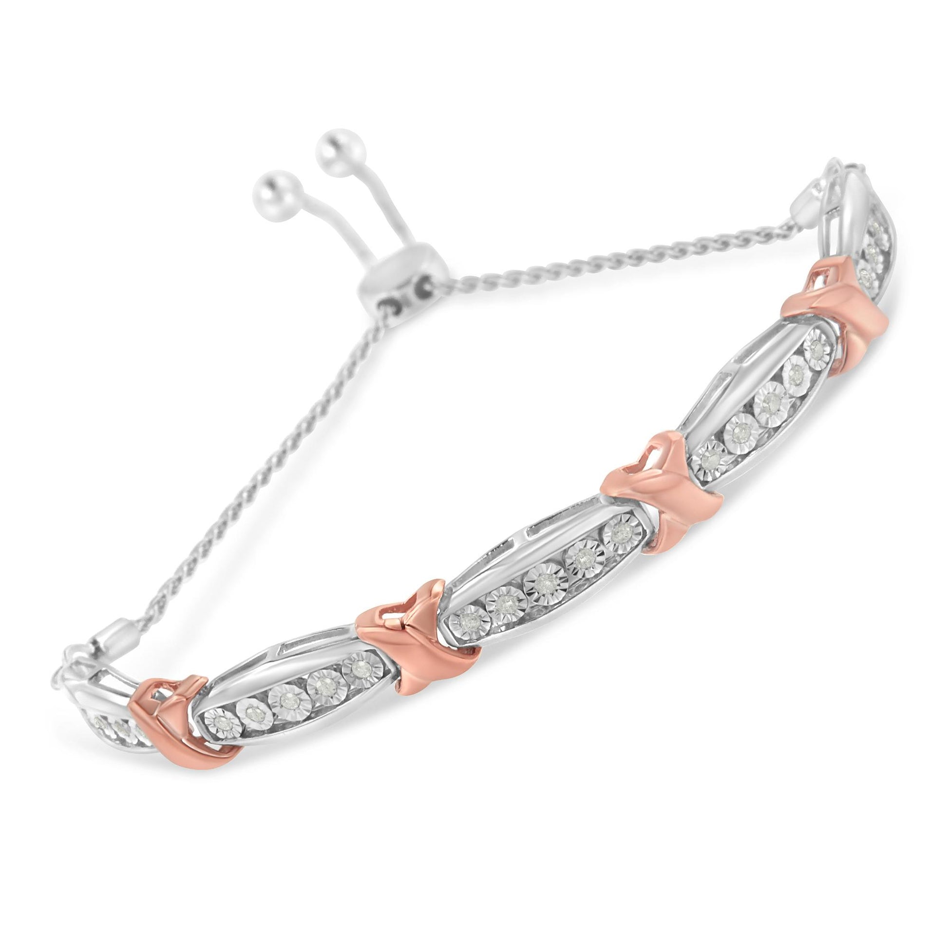 Bracelet with alternating white and rose metal links, each white link featuring round white gemstones in a miracle setting, shown at an angled close-up.