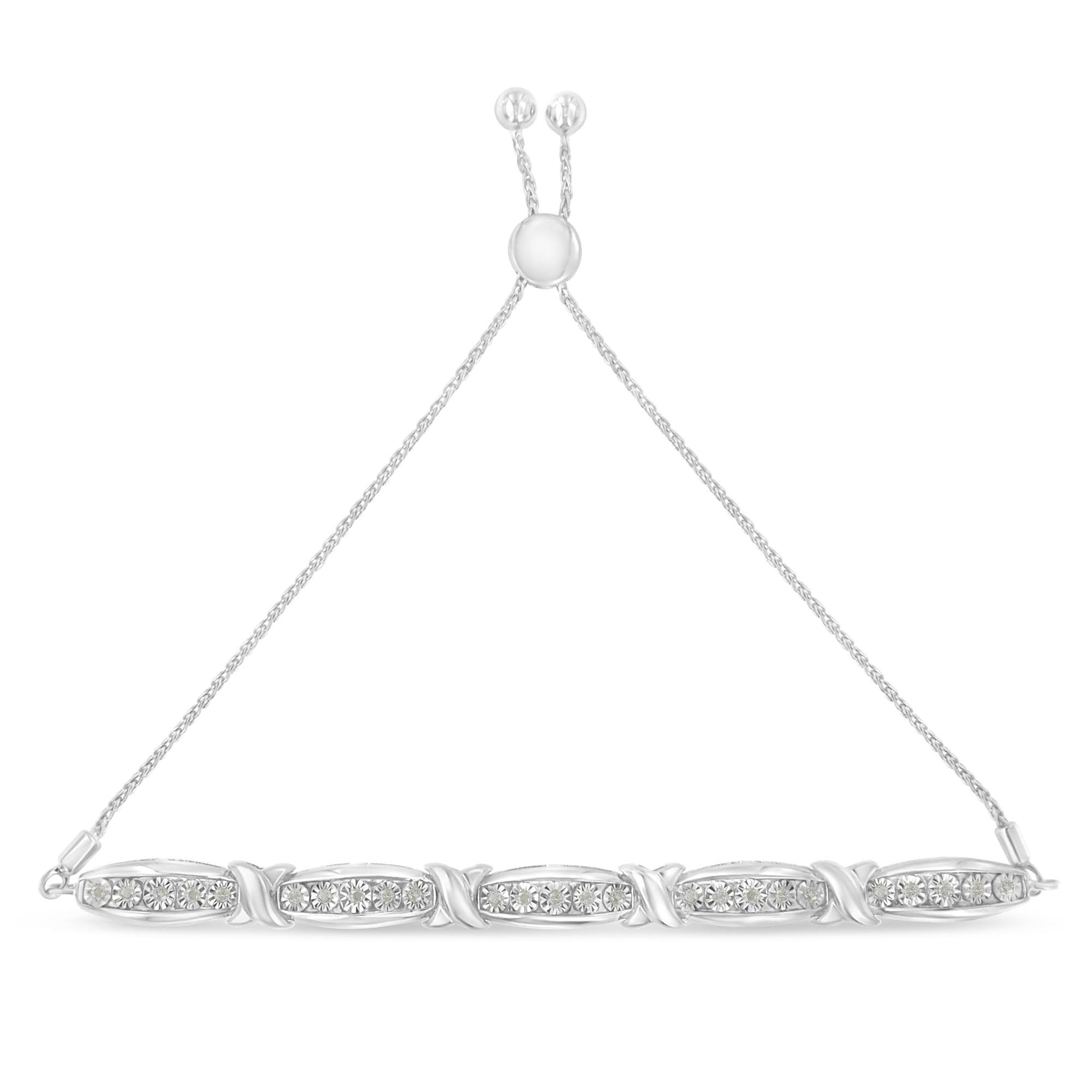 White metal bracelet with linked oval sections featuring round white gemstones in a miracle setting, adjustable chain with two round sliders, shown from the front on a white background.