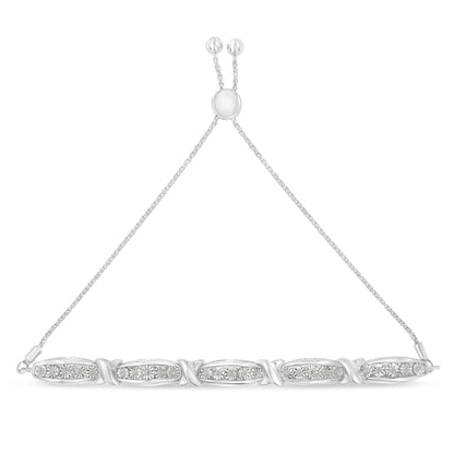 White metal bracelet with linked oval sections featuring round white gemstones in a miracle setting, adjustable chain with two round sliders, shown from the front on a white background.