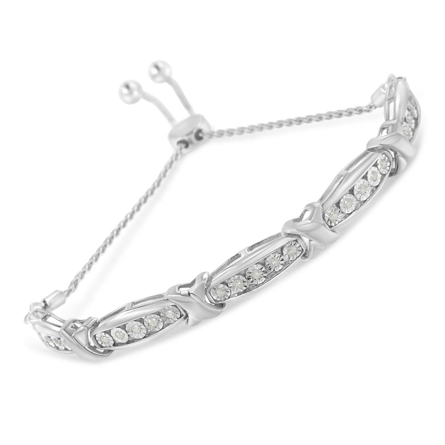 White bracelet with a tied design featuring round white gemstones in a miracle setting, shown from a slight top angle.