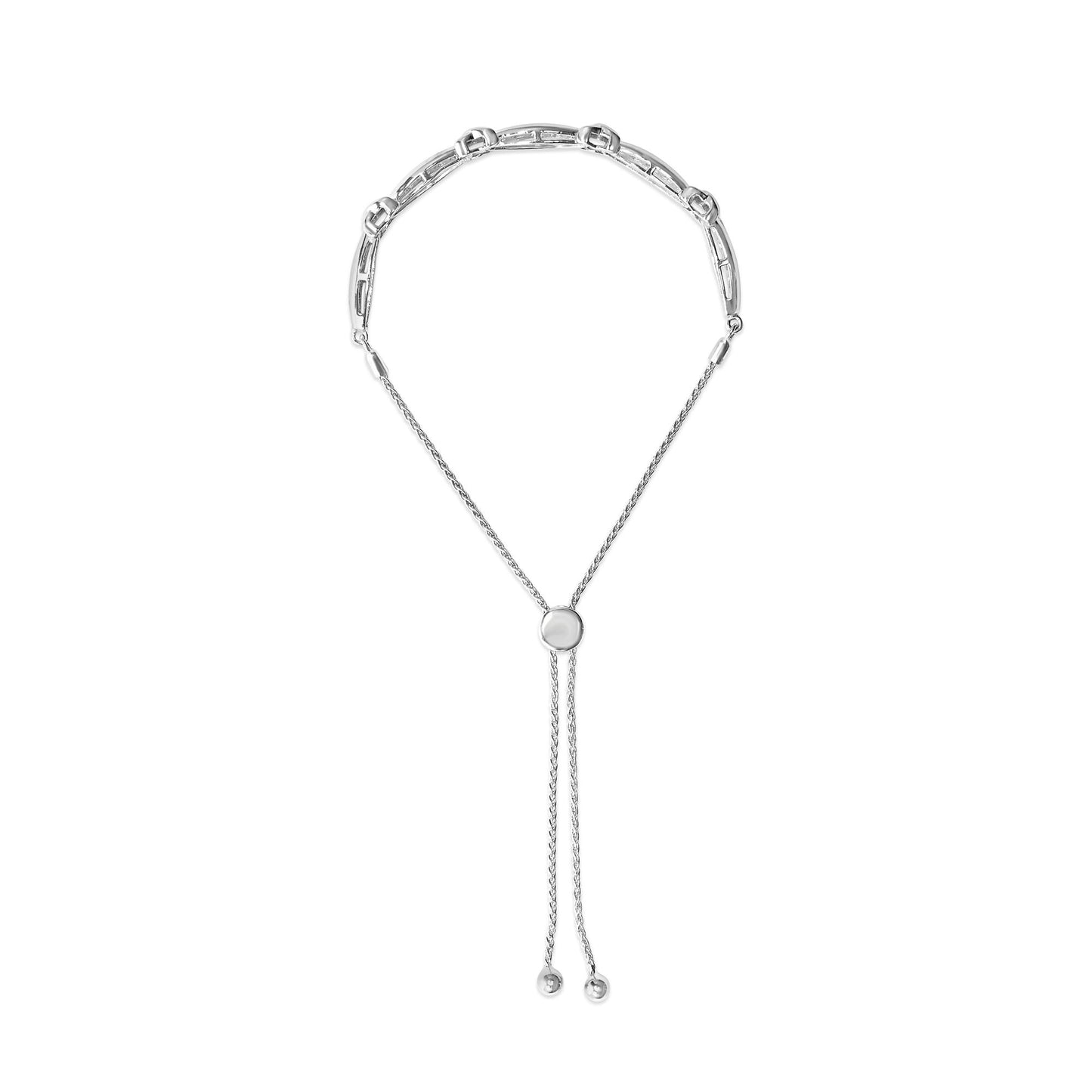 White bracelet with round white gemstones in a miracle setting, shown from a top-down angle.