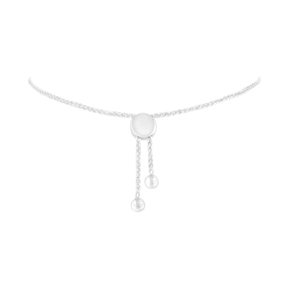 White metal bracelet with a round central bead and two dangling chains ending in round beads, front view on a white background.