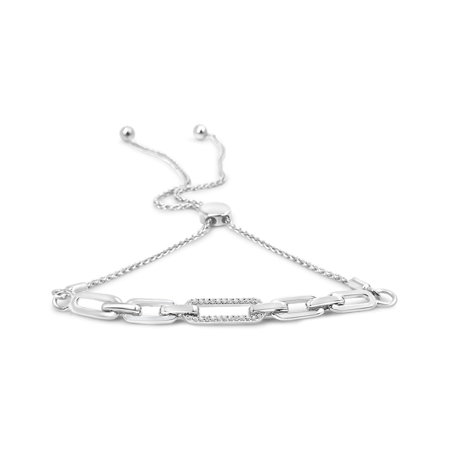 White metal bracelet with chain links and one link encrusted with small white gemstones, shown from a slightly elevated angle.