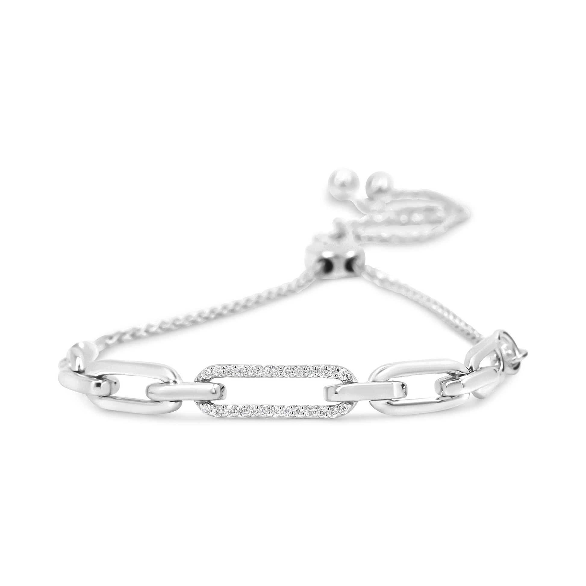 White metal bracelet with mixed chain links featuring a horizontal oval link encrusted with round white gemstones, shown from a front-facing angle.