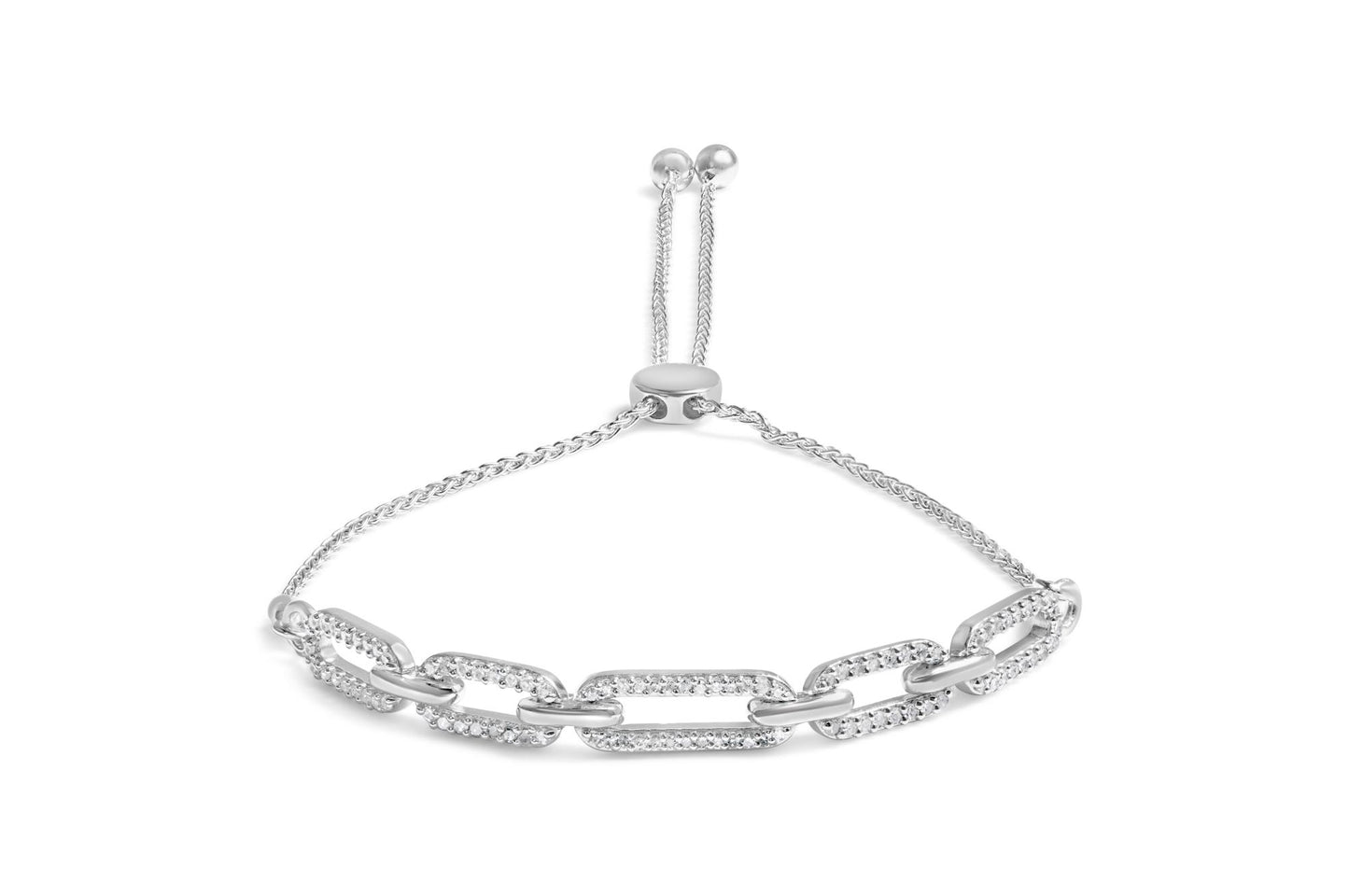 White metal bracelet with rectangular chain links studded with white round gemstones, shown from the front on a white background.