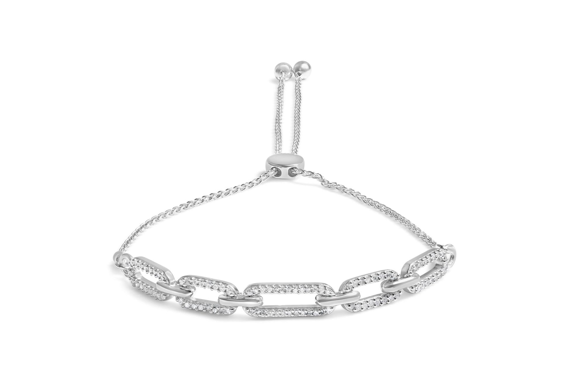 White metal bracelet with rectangular chain links studded with white round gemstones, shown from the front on a white background.
