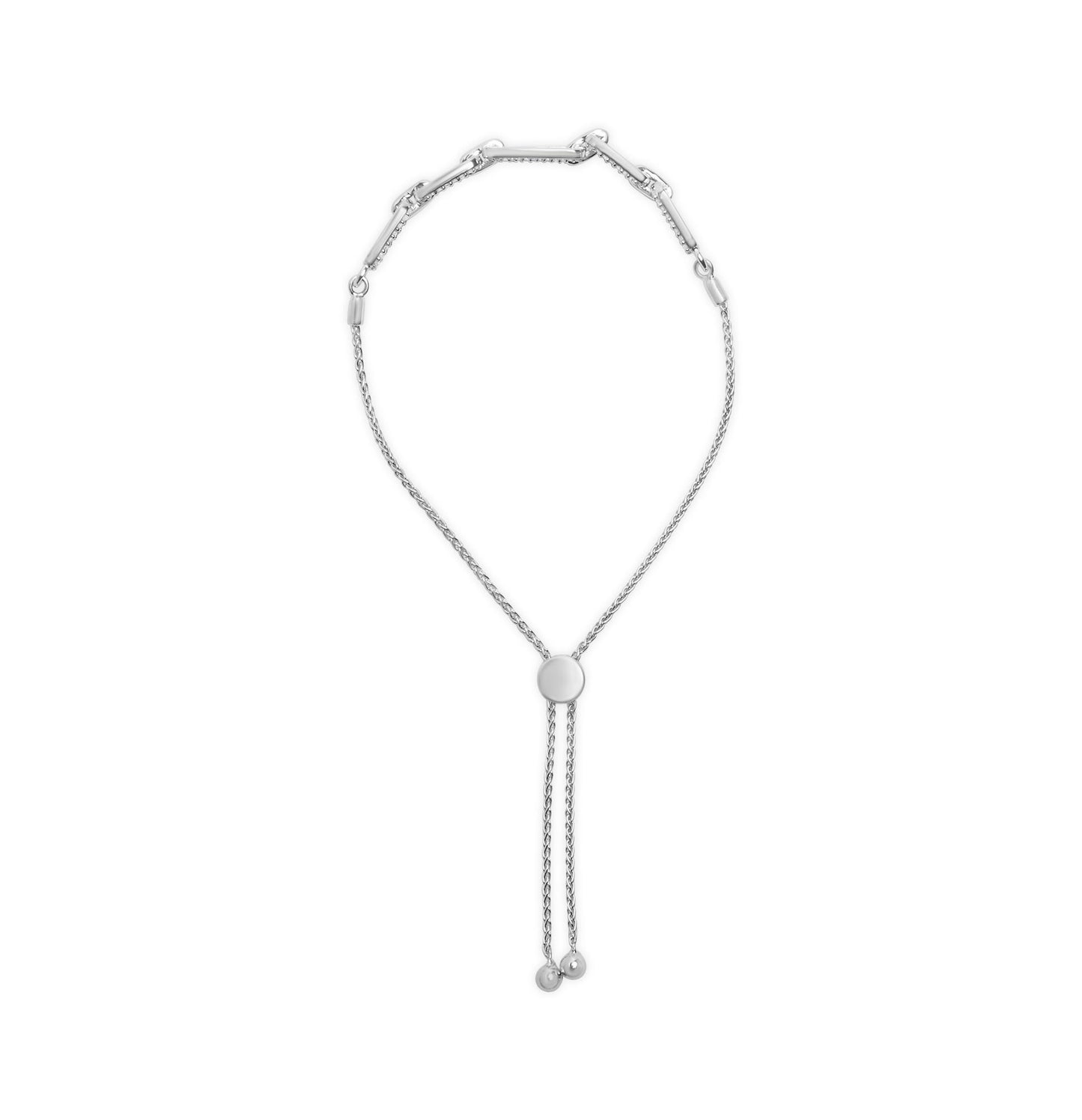 White metal bracelet with a round slider and chain tassels, shown from a top-down angle.
