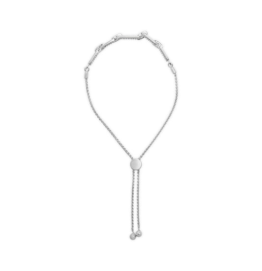 White metal bracelet with a round slider and chain tassels, shown from a top-down angle.