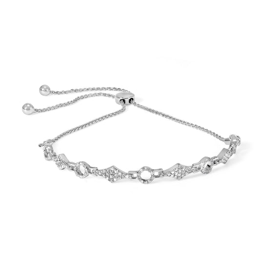 White metal bracelet with open circular and diamond-shaped links set with round white gemstones, shown from a front angle on a white background.